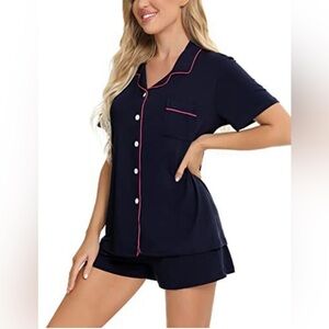 Women's Navy Black Pajama Set with Pink Trim